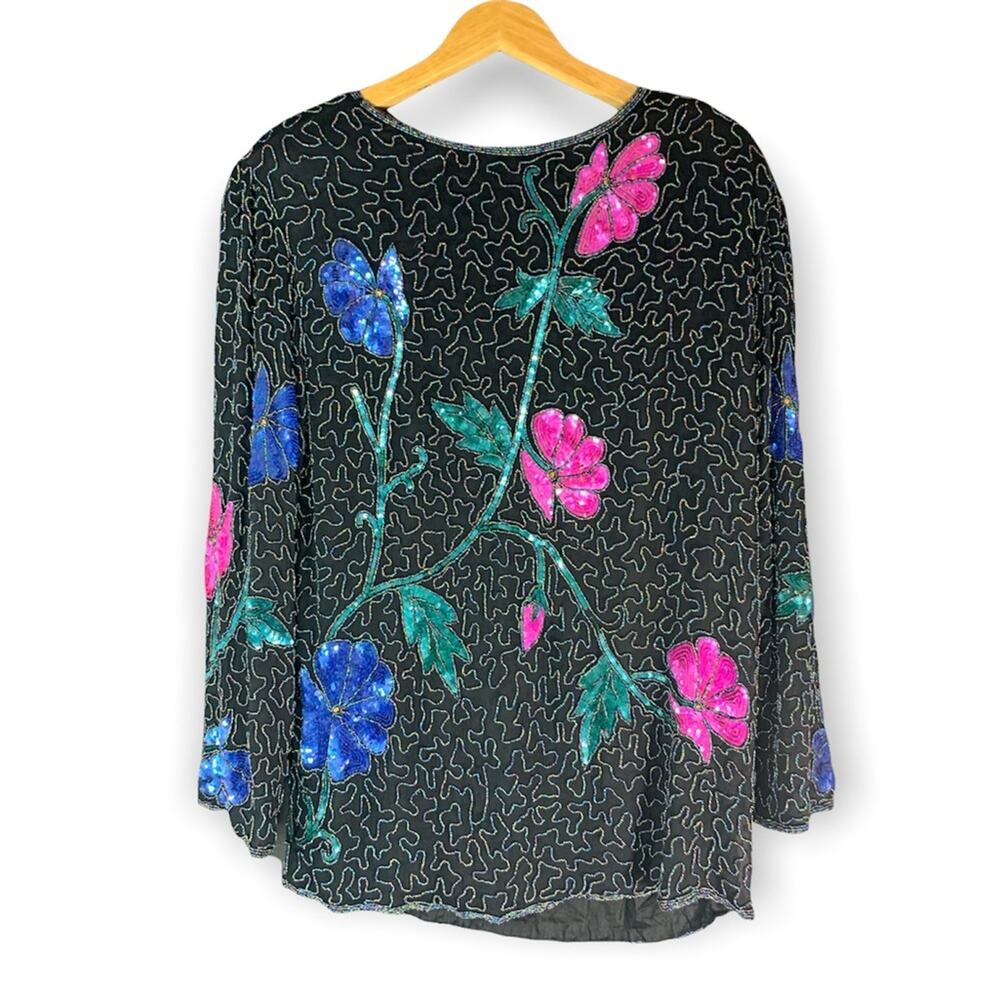 Carolyne Barton Night Pure Silk Floral Sequins Top-L